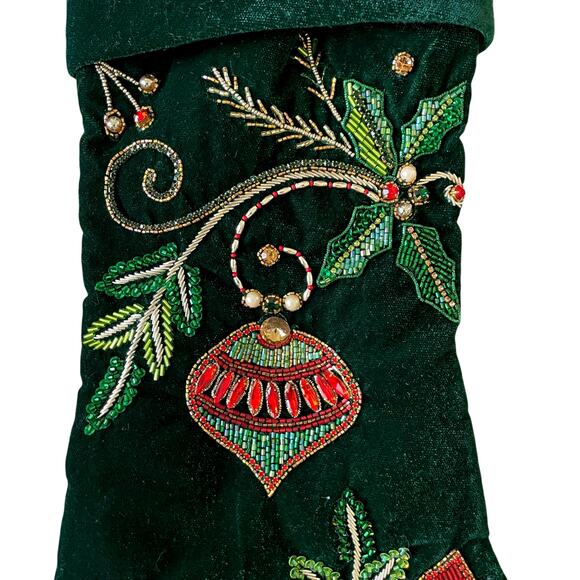 Neiman Marcus Embellished Green Velvet Christmas  Cardinal Stocking Holiday NEW - Picture 4 of 11